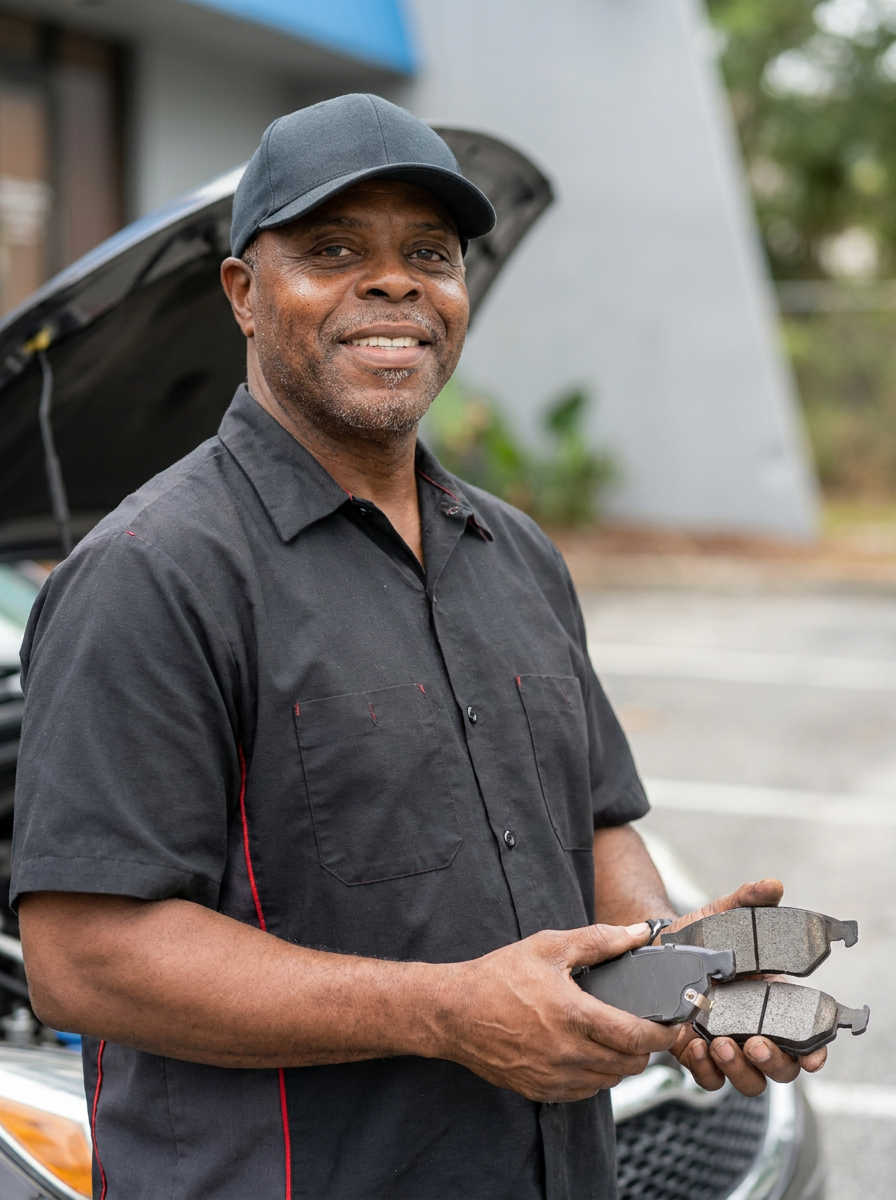 AI-assisted promotional portrait based on the Wright Touch technician, holding brake pads in a dark work shirt